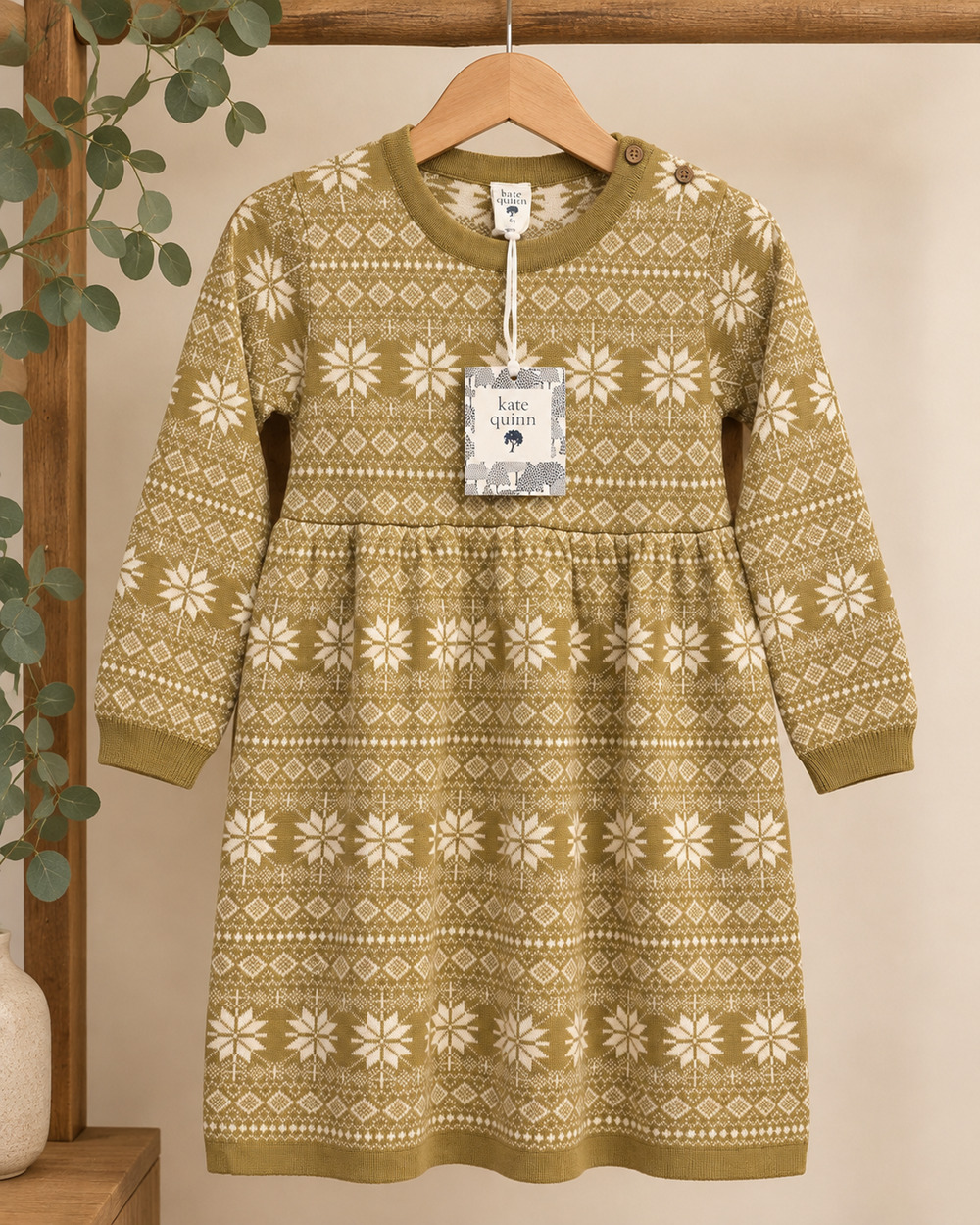 NWT Kate Quinn Girls 6Y Fair Isle Knit Sweater Dress Olive Cream Snowflake